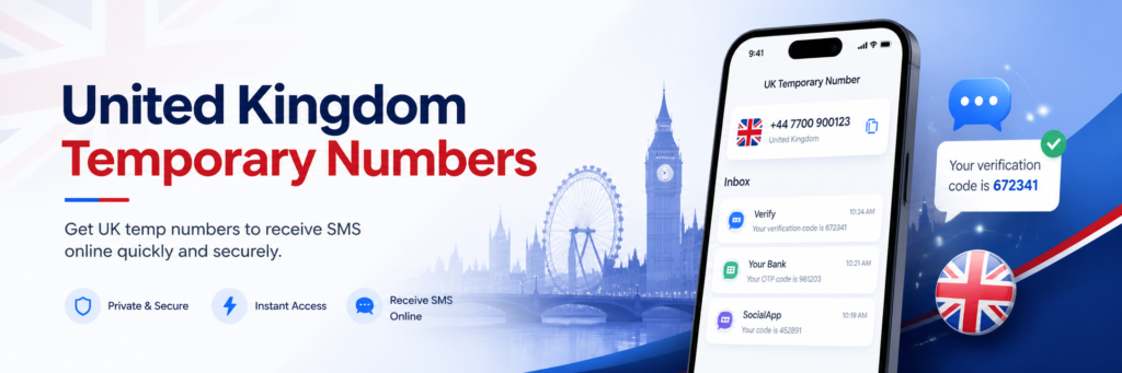United Kingdom temporary numbers banner showing UK SMS verification, smartphone inbox, London skyline, and secure online temp number features